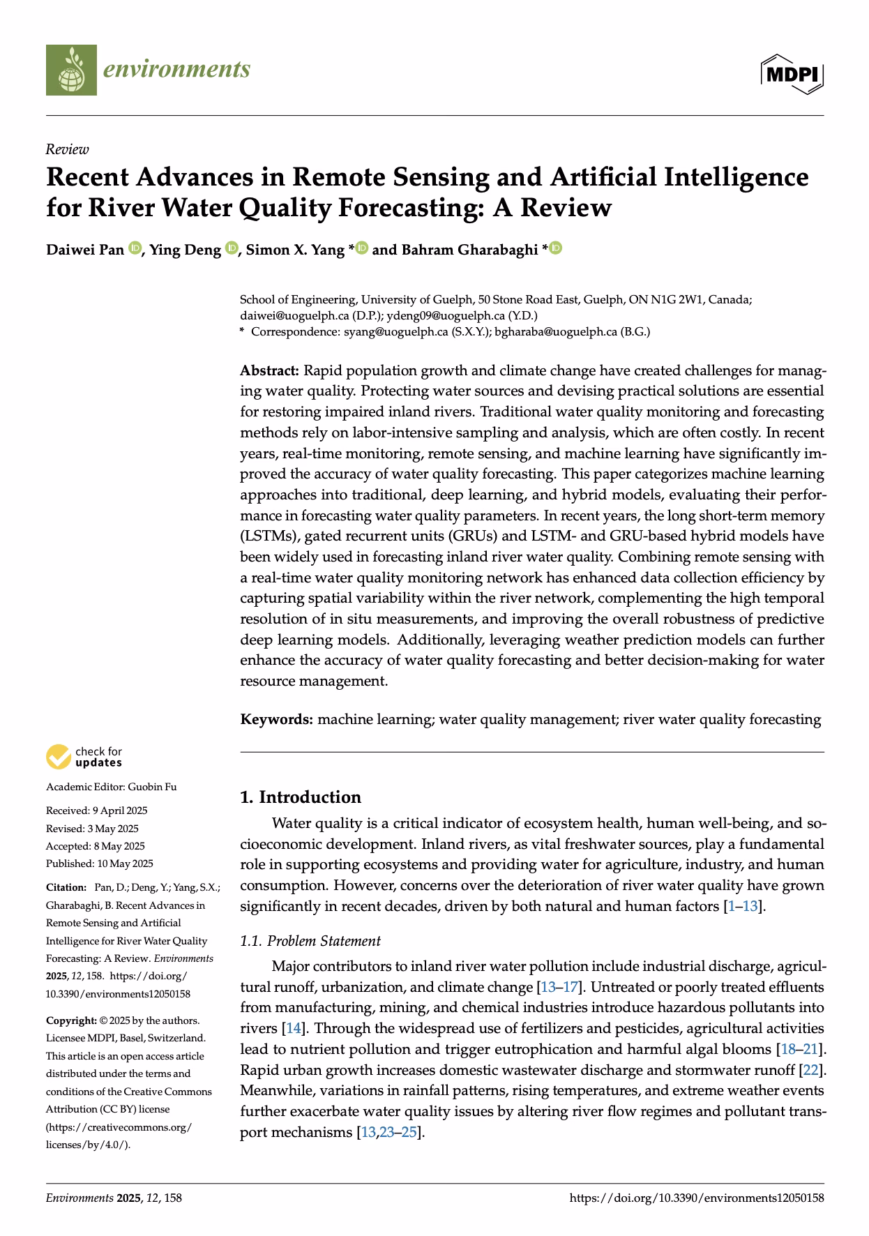 Recent Advances in Remote Sensing and Artificial Intelligence for River Water Quality Forecasting: A Review