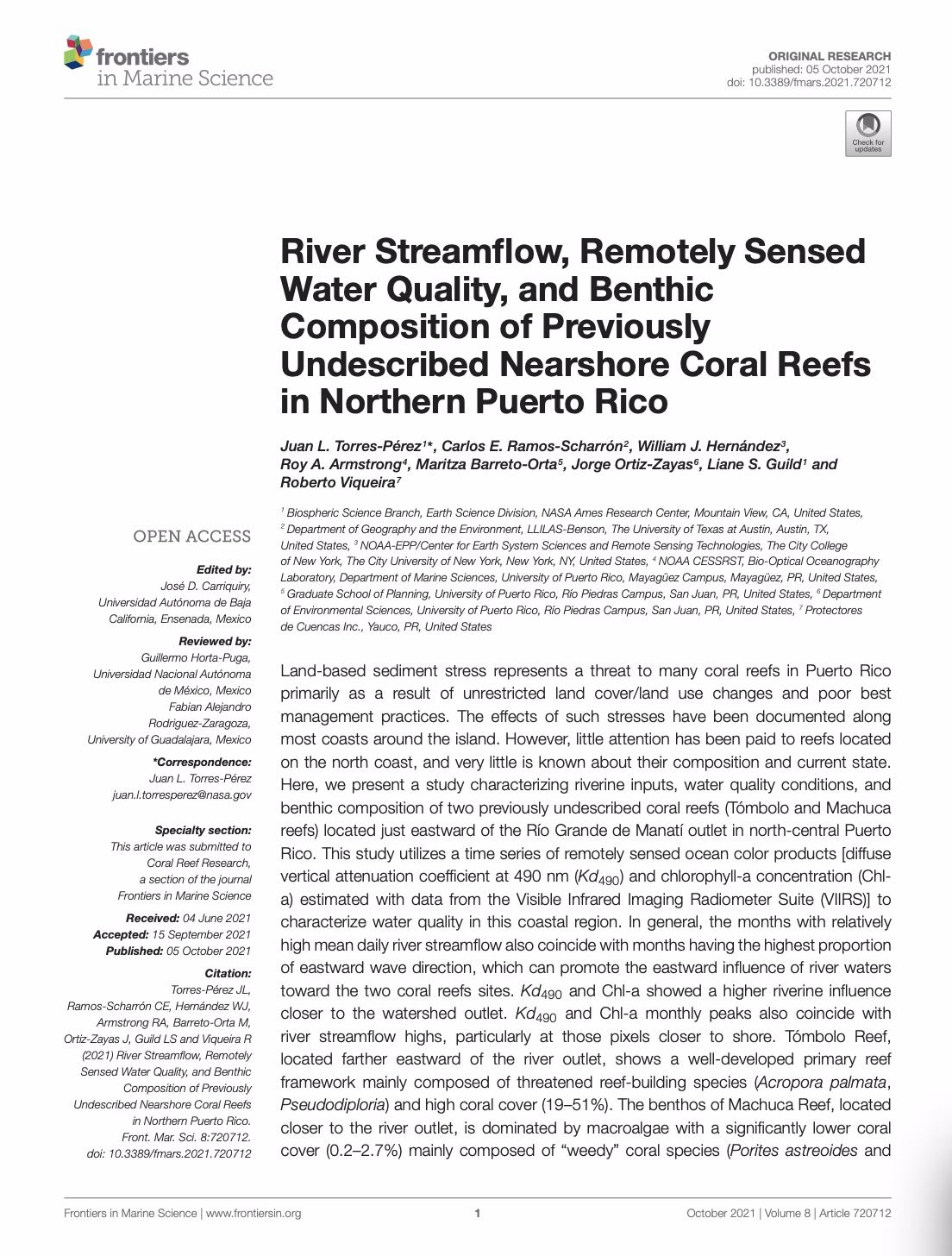 River Streamflow, Remotely Sensed Water Quality, and Benthic Composition of Previously Undescribed Nearshore Coral Reefs in Northern Puerto Rico